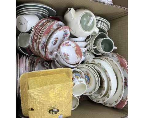 A box containing a Paragon "Rockingham" part tea set, a Susie Cooper part coffee and tea set, various Bunnykins china to incl