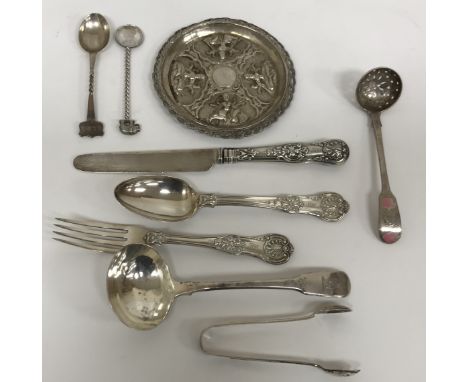 A quantity of various small silver wares and cutlery including a pair of Christening knife, fork  and spoon, sugar tongs, sif