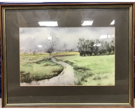 A GARDNER "River landscape with sheep in foreground", oil on canvas, signed lower right, 46 cm x 57 cm, together with a water