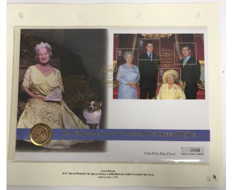 A HM Queen Elizabeth The Queen Mother 100th Birthday gold sovereign coin First Day cover, limited edition No'd. 0558/2000 wit