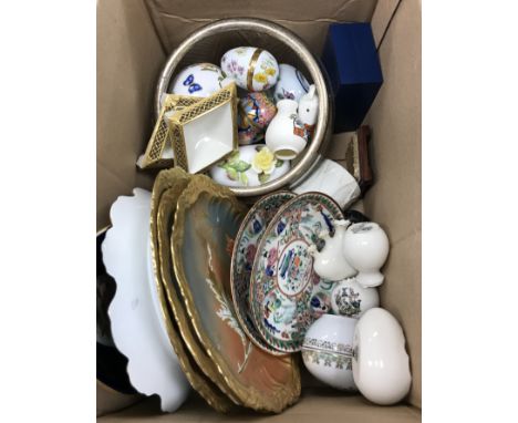 A box of assorted decorative china and trinkets to include a set of three floral decorated Limoges plates, a Halcyon Days lid