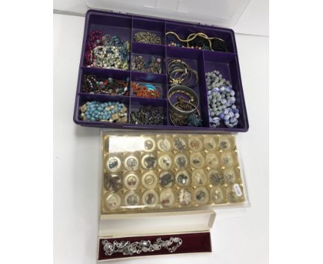 A collection of costume jewellery to include various beaded necklaces, Pulsar and Timex ladies wristwatches, a marcasite set 