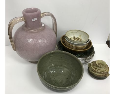 A collection of studio pottery to include two Cricklade pottery bowls, a Fishley Holland incised shallow bowl and a collectio