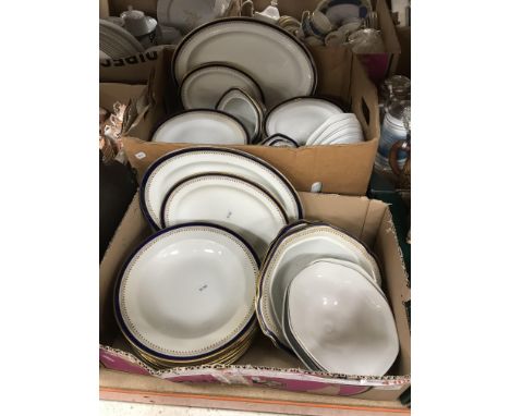 Two boxes of George Jones blue and gilt decorated dinner wares, together with three boxes of assorted decorative china and gl