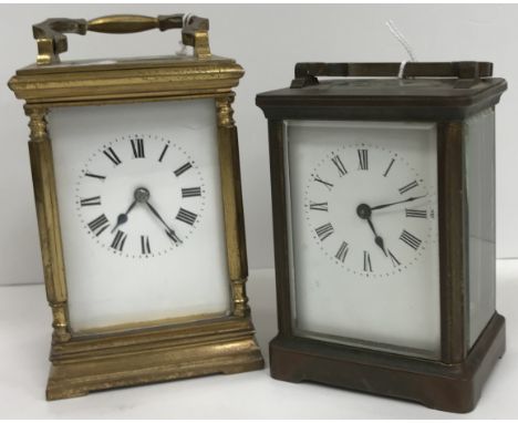A circa 1900 French lacquered brass cased carriage clock or timepiece, the white enamel dial with Roman numerals to the chapt