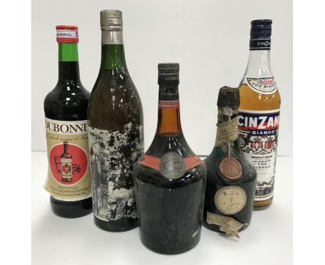 A vintage bottle of D.O.M Benedictine liqueur with wax seal and cork stopper, cloth covered, two bottles Peter Heering's Cher