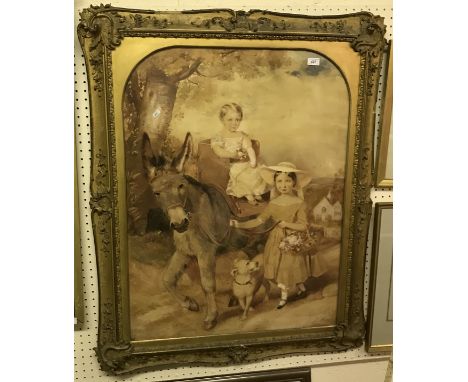 19TH CENTURY ENGLISH SCHOOL "Study of two children with donkey and dog in a landscape, one child with bonnet and basket of fl