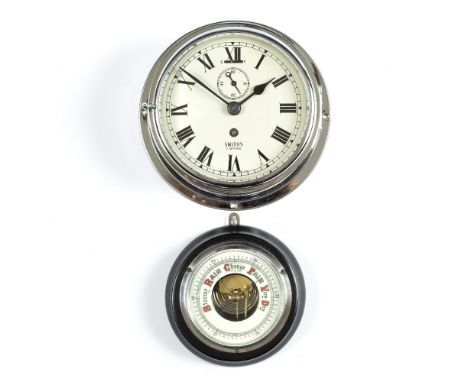 A SMITHS CHROME PLATED SHIPS CLOCK, the Roman dial with subsidiary seconds and eight day movement, bezel diameter 17cm, toget