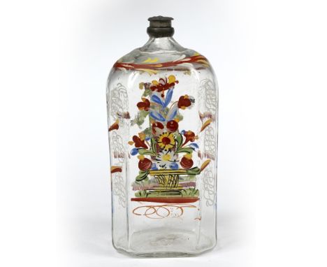 AN 18TH CENTURY BOHEMIAN SPIRIT FLASK, of faceted rectangular form, painted with a pipe smoker and an urn of flowers, 19cm hi