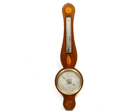 A GEORGE III MAHOGANY WHEEL BAROMETER, the 8" silvered dial inscribed 'John Brown, M.D., Snowhill, London', bearing date 1802