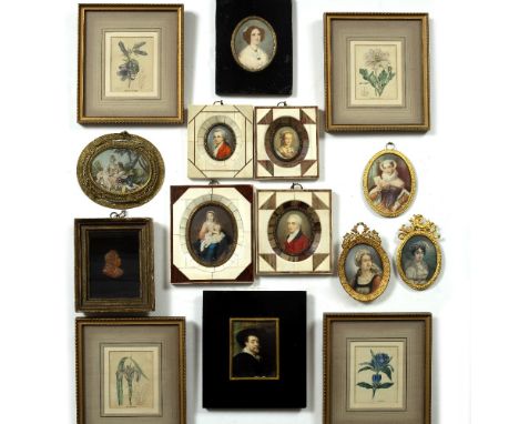 A COLLECTION OF MAINLY EARLY 20TH CENTURY DECORATIVE MINIATURE PORTRAITS TO INCLUDE: two oval portraits of ladies, in gilt me