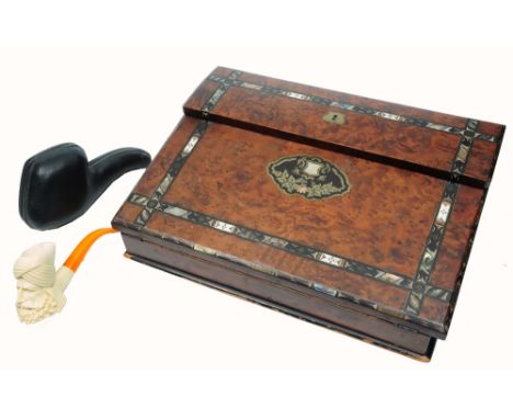 A LATE VICTORIAN BURR WALNUT WRITING SLOPE, with brass, mother of pearl and bone inlaid decoration, and fitted interior, 35.5