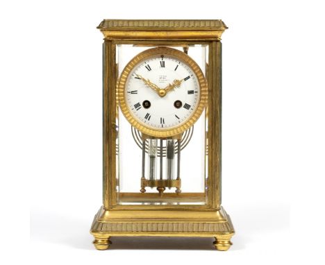 A 19TH CENTURY FRENCH FOUR GLASS MANTEL CLOCK the convex white enamel Roman dial inscribed 'Examined by Dent, Cockspur St. Lo