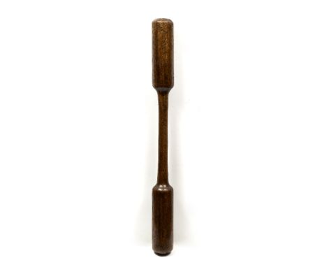 AN ANTIQUE TURNED HARDWOOD BARBELL, 100.5cm long; and a late 19th Century chromo-lithograph of Guinea Fowls, from Cassell's P