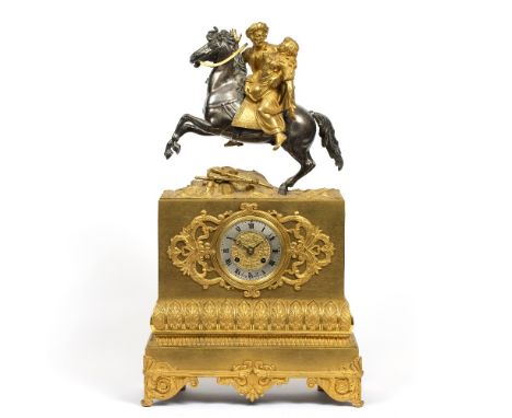A 19TH CENTURY FRENCH MANTEL CLOCK, the silvered Roman chapter ring signed Leroy a Paris, the twin train drum movement with o