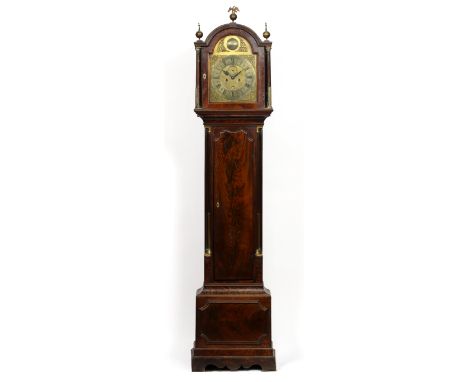 A GEORGE III MAHOGANY EIGHT DAY LONG CASE CLOCK the 12" break arch brass dial with silvered Roman chapter ring, fleur-de-lys 