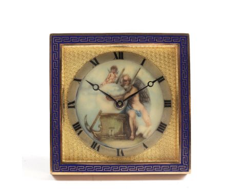 A 20TH CENTURY STRUT TIMEPIECE WITH ALARM, the square gilt dial with Roman chapter ring, the centre decorated classical figur