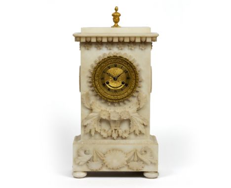 A 19TH CENTURY FRENCH ALABASTER MANTEL CLOCK the gilt dial with Roman chapter ring and engine turned centre with central rose