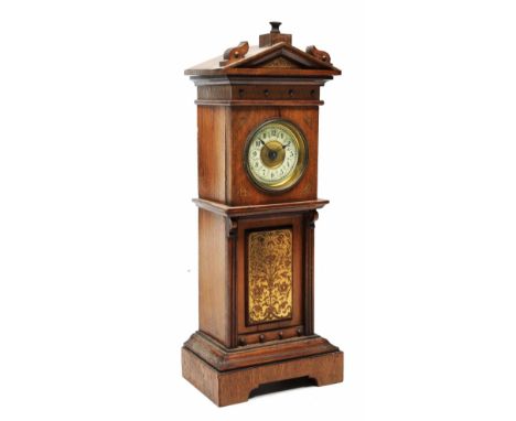 A CONTINENTAL WALNUT CASED MINIATURE LONGCASE CLOCK TIMEPIECE, the gilt circular dial with enamel chapter ring, the case with