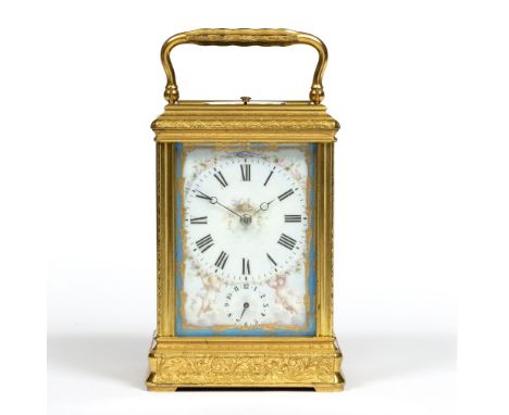 DROCOURT, FRANCE - A 19TH CENTURY GRANDE SONNERIE CARRIAGE CLOCK, the polychrome Roman dial with central doves nest, moon han