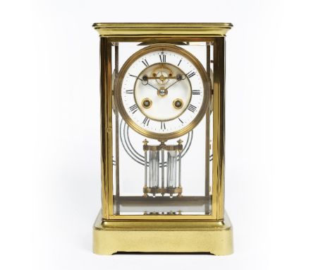 A LATE 19TH CENTURY FRENCH FOUR GLASS MANTEL CLOCK, with two piece white enamel Roman dial, visible escapement, twin train mo