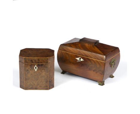 AN EARLY 19TH CENTURY BURR WALNUT AND BOX STRUNG TEA CADDY, of chamfered rectangular form, 12.5cm; and a mahogany tea caddy o