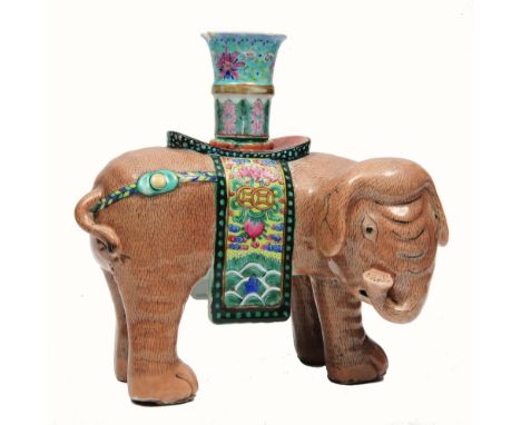 A CHINESE PORCELAIN INCENSE BURNER, in the form of an elephant with howdah, polychrome enamel decoration 24.5cm