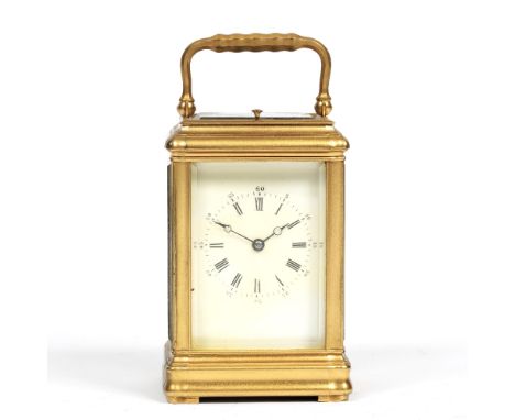 A 19TH CENTURY FRENCH CARRIAGE CLOCK, the Roman dial with Arabic five minutes and moon hands, silvered platform lever escapem