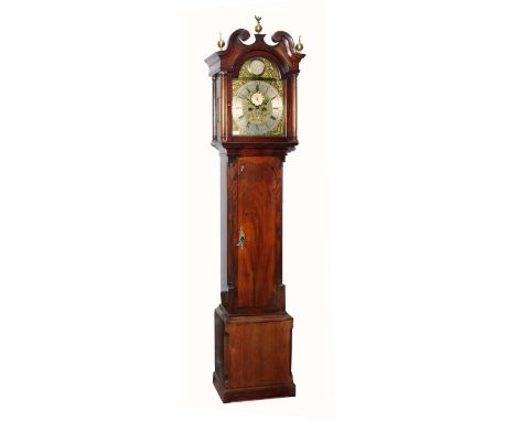 A GEORGE III MAHOGANY EIGHT DAY LONGCASE CLOCK, the 13 1/4" brass break arch dial with silvered Roman chapter ring, Arabic fi