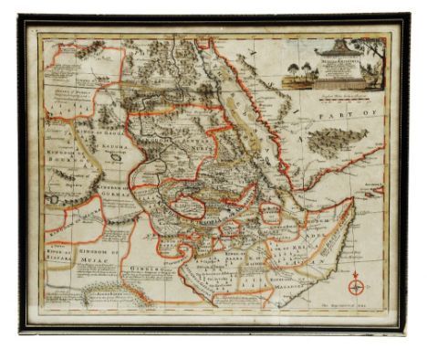 A COLOURED MAP of Nubia and Abissinia by Emanuel Bowen with cartouche and scale (365 x 445), framed