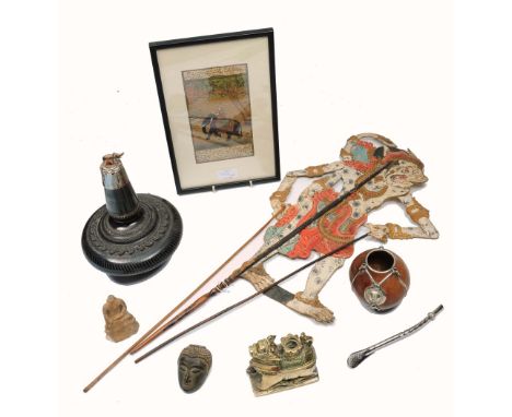 A COLLECTION OF ASIAN ITEMS, comprising a brass kneeling camel votive, a carved baluster vase with white metal mounts, a moun