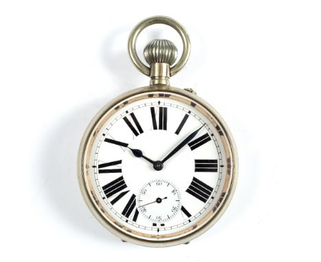 A GOLIATH POCKET WATCH, with white enamel Roman dial, subsidiary seconds, blued steel hands and nickel plated case, 7cm diame