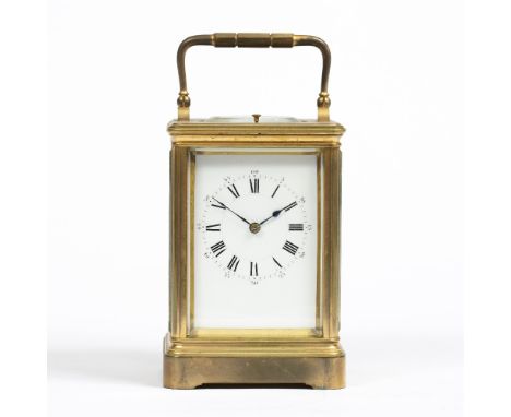 HENRI JACOT - A 19TH CENTURY FRENCH GRANDE SONNERIE CARRIAGE CLOCK, the white enamel Roman dial with Arabic five minutes, pla