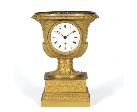 A 19TH CENTURY ORMOLU MANTEL TIMEPIECE with white enamel Roman dial, the watch movement indistinctly signed Francoir, Shardy 