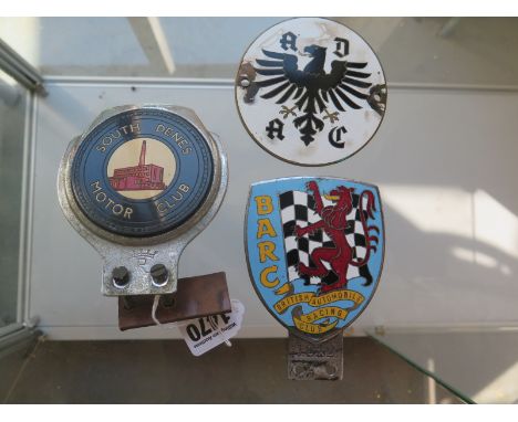 A South Dene's Motor Club enamelled badge, together with a British Automobile Racing Club badge and an early German ADAC car 