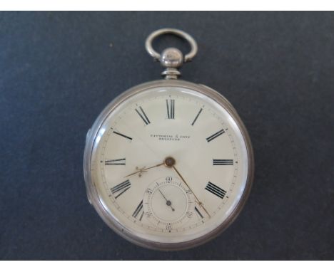 A silver cased open faced pocket watch, white enamel dial with Roman numerals to chapter ring, subsidiary second hand dial to