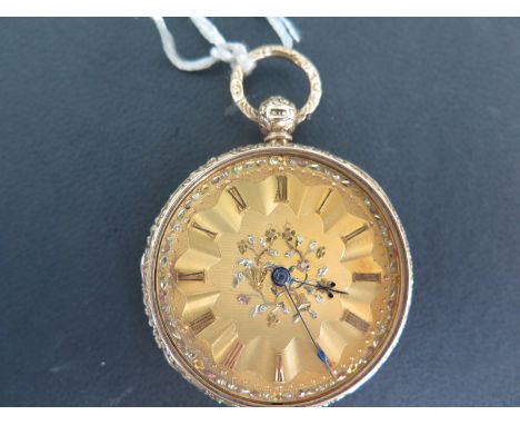 An 18ct yellow gold open faced pocket watch, the gold coloured dial with Roman numerals to chapter ring, engraved to back of 