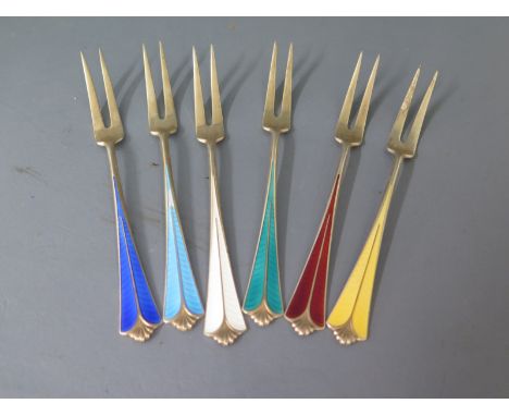 A set of six silver enamel David Anderson Norwegian forks in an associated box - condition good approx weight 2.8 troy oz - o