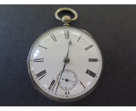 A silver cased open faced pocket watch, white enamel dial with Roman numerals to chapter ring, subsidiary second hand dial at