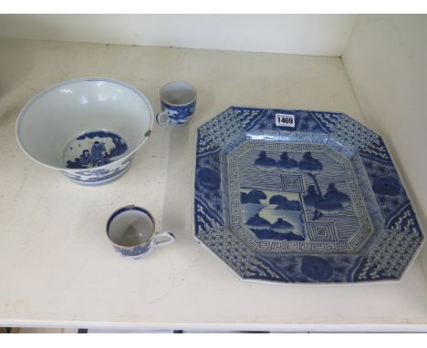 A 19th century Japanes Arita octagonal dish together with a Chinese blue and white bow with 6 character mark for Qianlong, bu