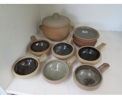 A collection Bernard Leach pottery stoneware tableware decorated with Celadon and Tenmoku glaze - impressed S I marks circa 1