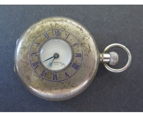 A silver cased half Hunter pocket watch, white enamel dial with Roman numerals to chapter ring, subsidiary second hand dial a
