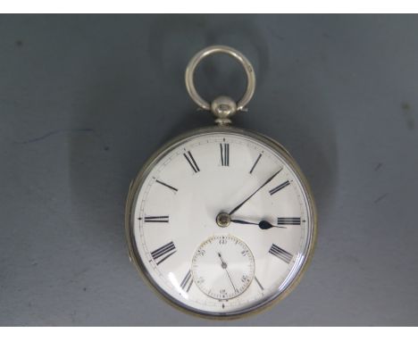A silver cased open faced pocket watch, white enamel dial with Roman numerals to chapter ring, subsidiary second hand dial at