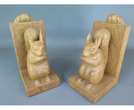 A pair of Mouseman carved squirrel bookends - Height 20cm - damage to ears of one, other good but minor chip to ear