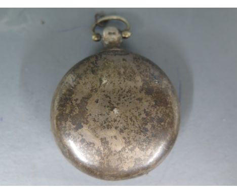 A silver cased open full hunter pocket watch, white enamel dial with bold Roman numerals to chapter ring, movement engraved w