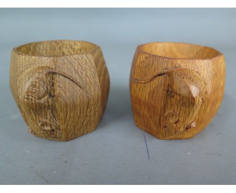 Two Mouseman carved serviette rings - Height 5cm - both good condition