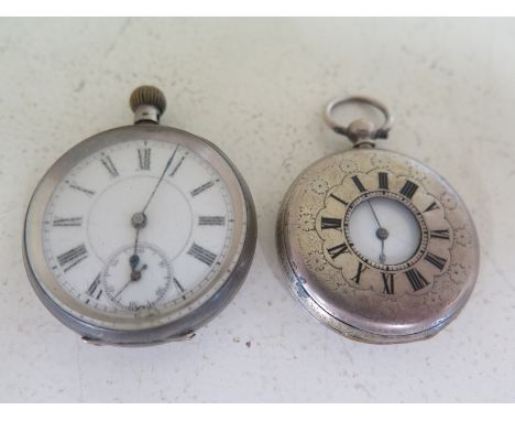 A fine silver cased half Hunter pocket watch, Roman numerals to inner and outer dial - some enamel loss to dial and an open f