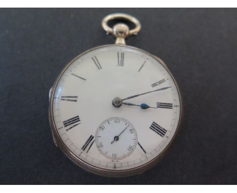 A silver cased open faced pocket watch with white enamel dial, Roman numerals to chapter ring with subsidiary second hand dia