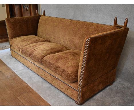 A large Tiplady Knowle sofa by George Smith upholstered in a green and red fabric. H. 116 x 263 x 95cm 
