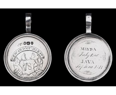 78th Foot Reward of Merit, engraved silver medal with raised rim, 28mm diameter, obverse, ‘78’ on trophy of arms, ‘REWARD OF 